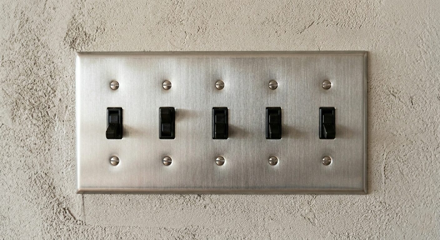 アメリカンスイッチの５連写真。ステンレスプレートにブラックのトグルスイッチ。