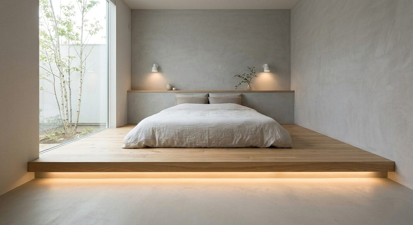 ナチュラル・グレージュな座上げベッドの寝室