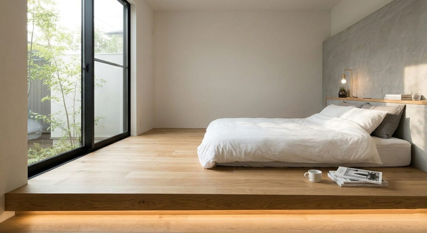 朝の光が差し込む造作ベッドの寝室